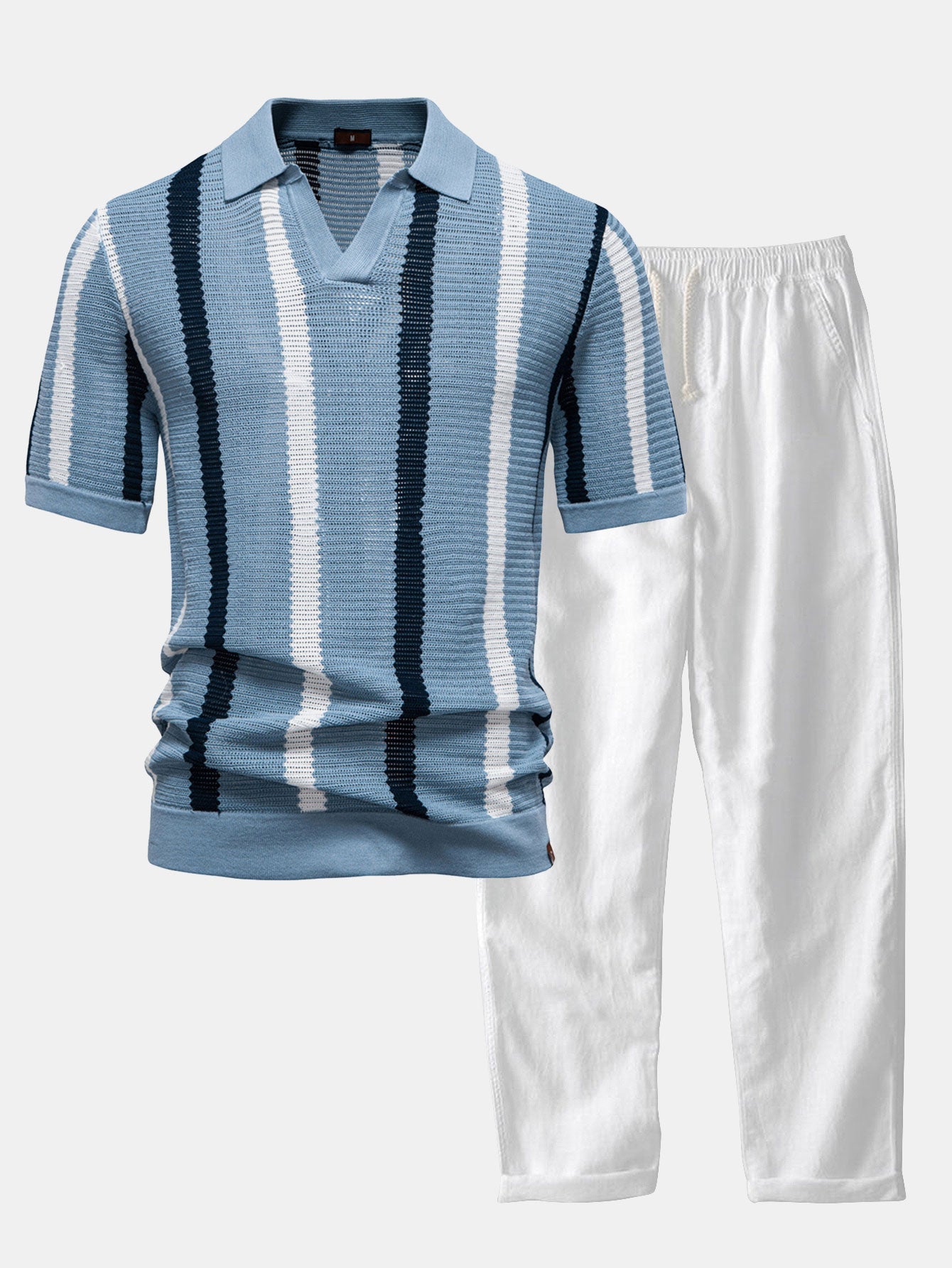 Casual Elegance Set β Striped Knit Collar Polo & Straight Linen Pants