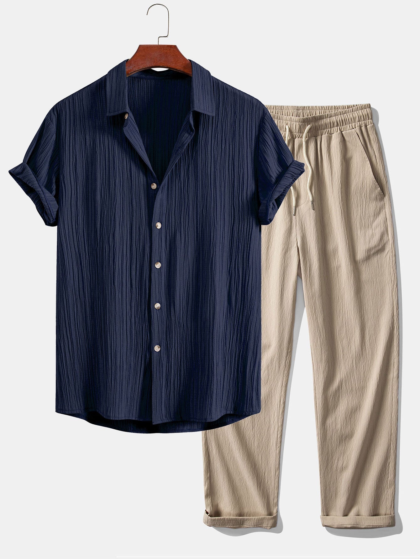 Chic Crinkled Textured Set: Button-Up Shirt and Straight-Leg Pants