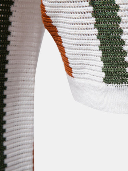 Casual Elegance Set – Striped Knit Collar Polo & Straight Linen Pants