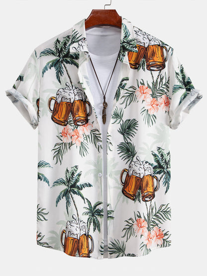 Palm Tree & Beer Print Shirt with Solid Drawstring Swim Shorts