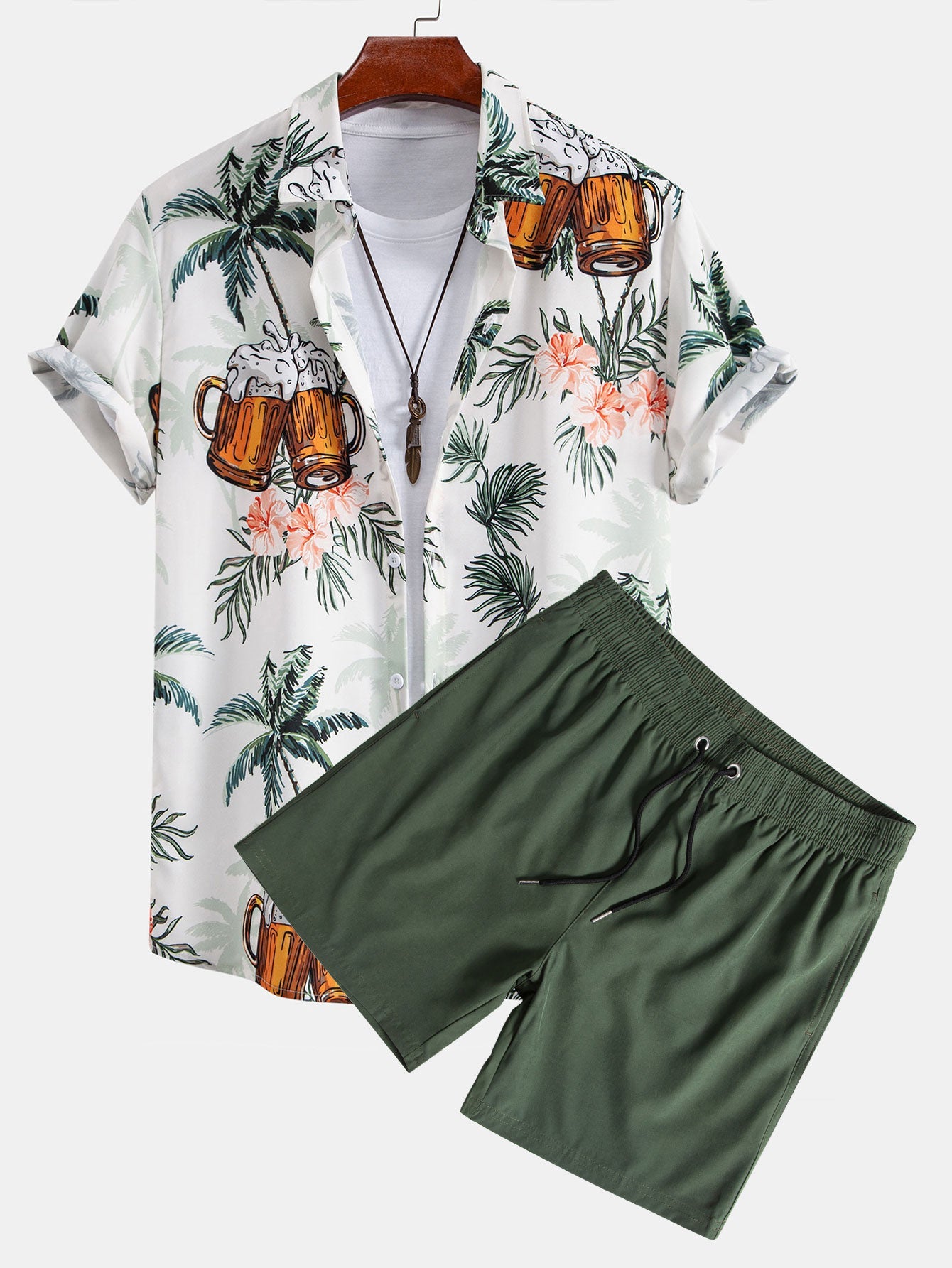 Palm Tree & Beer Print Shirt with Solid Drawstring Swim Shorts