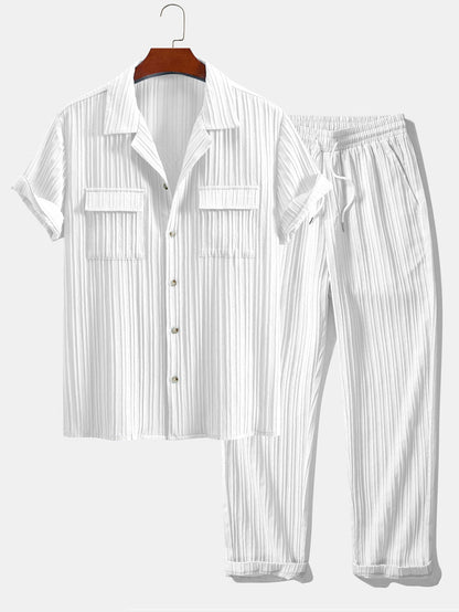 Shirt with textured Cuban collar and chest pocket + matching drawstring pants for a stylish look