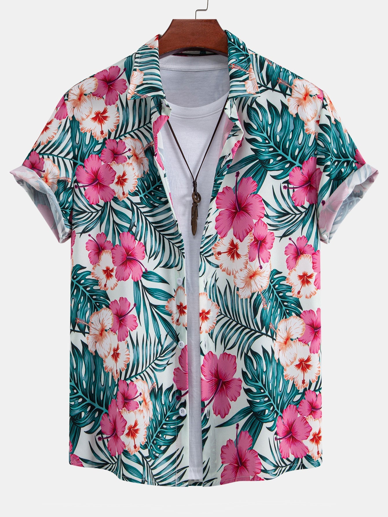 Button-up shirt with tropical flower print & swim trunks with zippered pocket