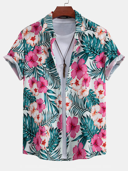 Button-up shirt with tropical flower print & swim trunks with zippered pocket