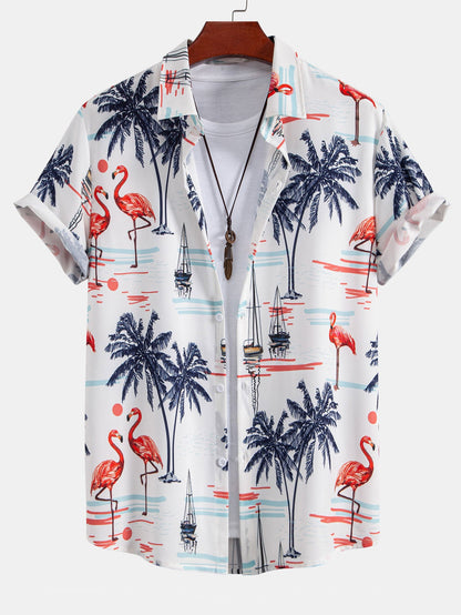 Men's Palm Tree Shirt with Flamingo Print and Drawstring Swim Shorts