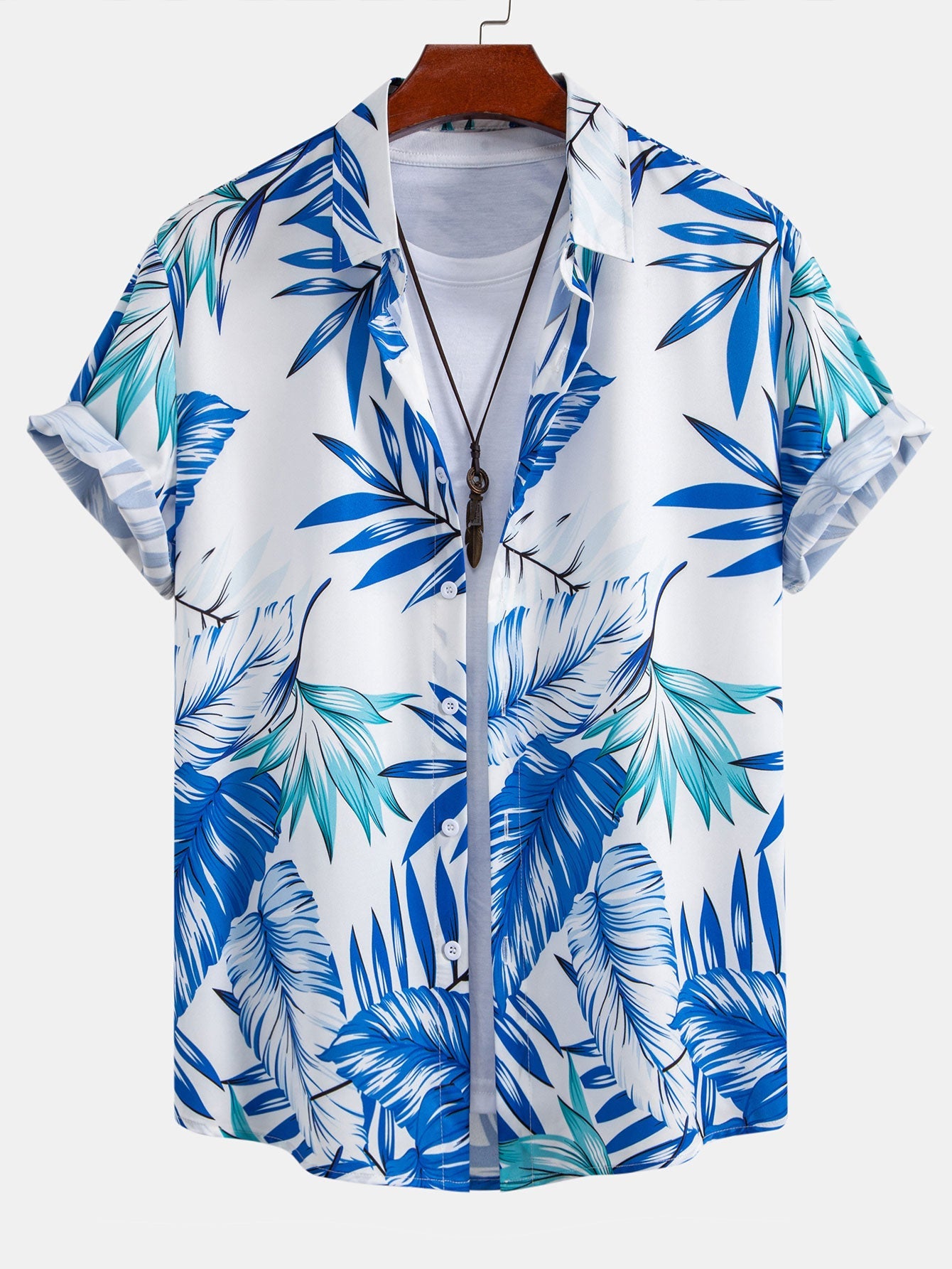 Tropical Leaf Print Shirt & Mid-Length Men’s Swim Shorts with Adjustable Drawstring