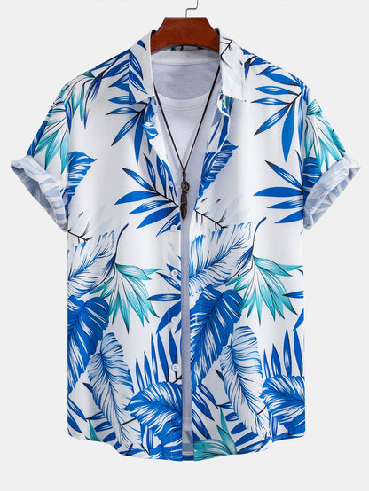 Tropical Leaf Print Shirt & Mid-Length Men’s Swim Shorts with Adjustable Drawstring