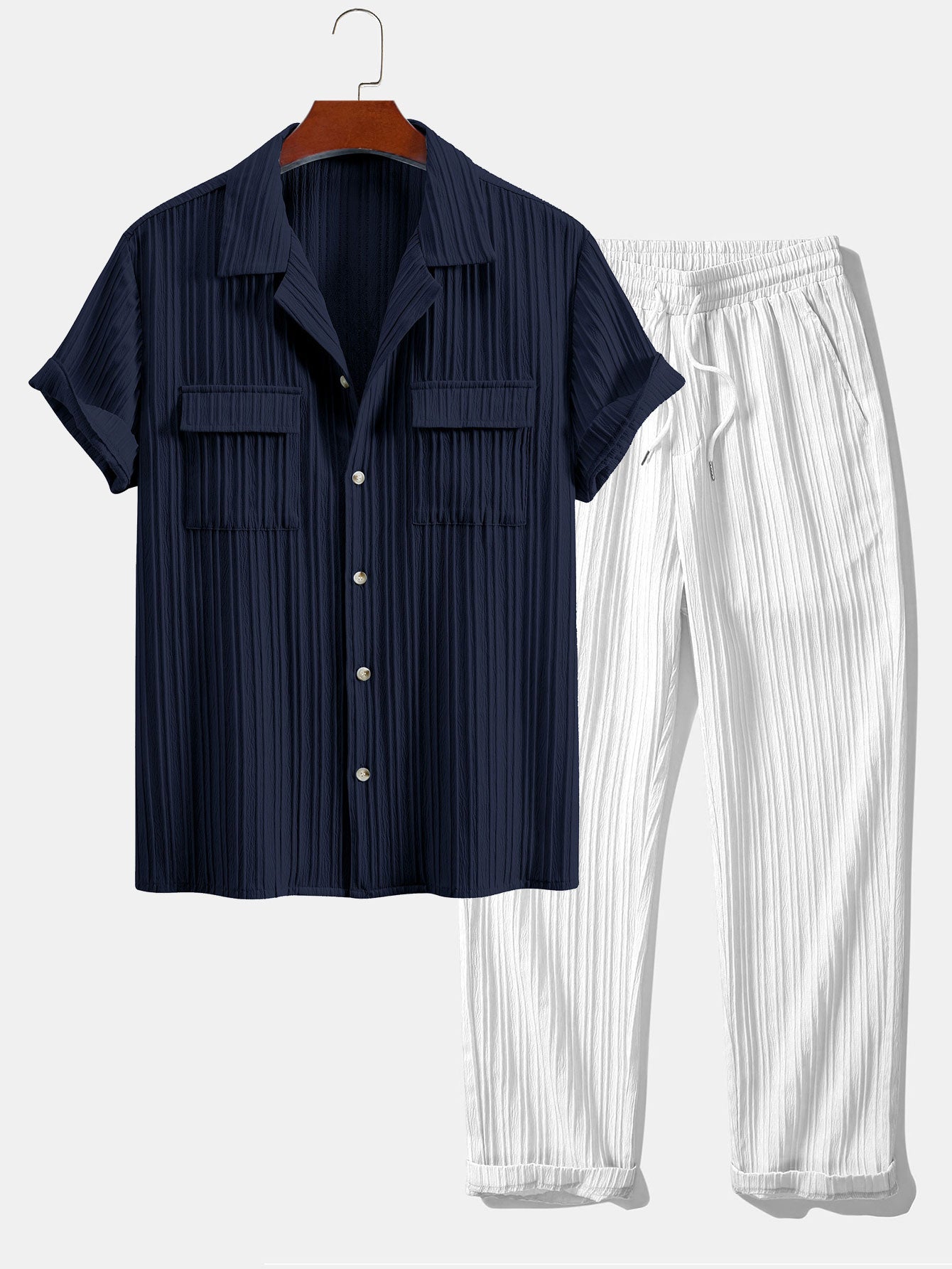 Shirt with textured Cuban collar and chest pocket + matching drawstring pants for a stylish look