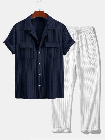 Shirt with textured Cuban collar and chest pocket + matching drawstring pants for a stylish look