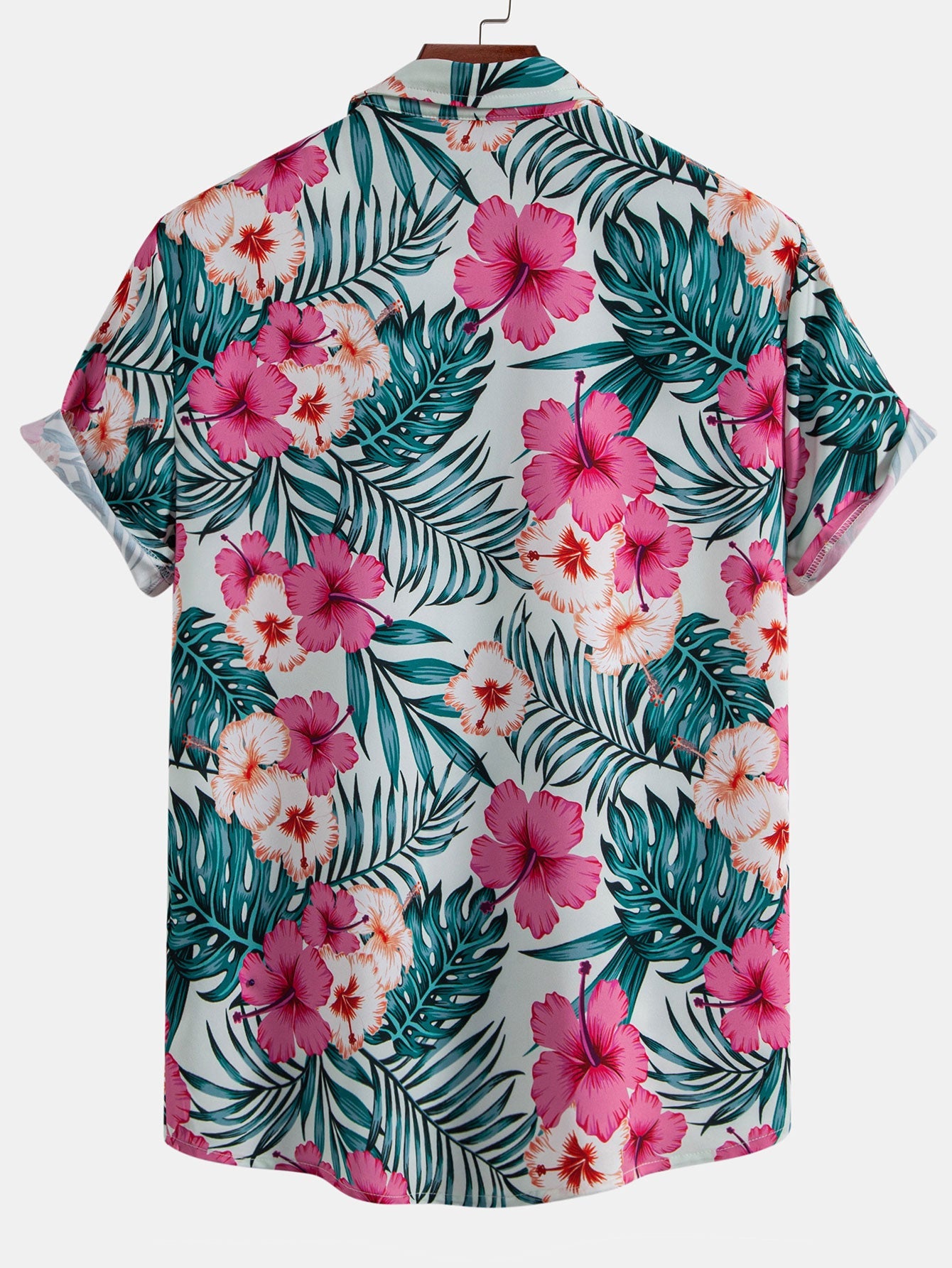 Button-up shirt with tropical flower print & swim trunks with zippered pocket