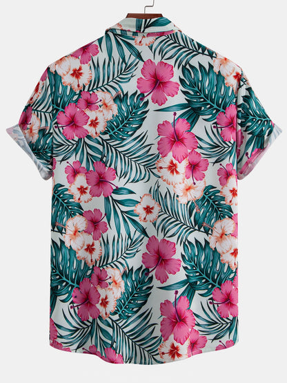 Button-up shirt with tropical flower print & swim trunks with zippered pocket