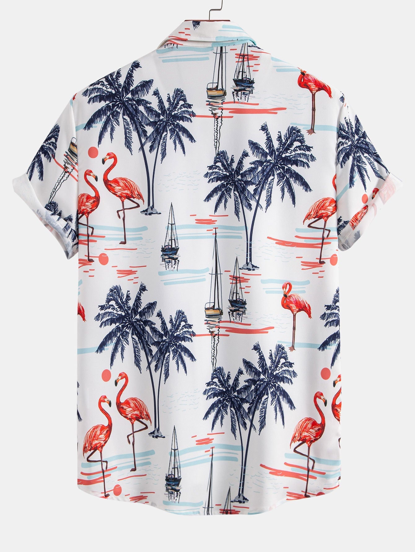 Men's Palm Tree Shirt with Flamingo Print and Drawstring Swim Shorts