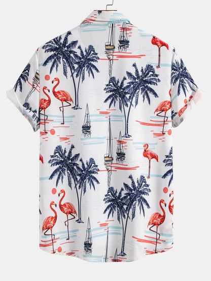 Men's Palm Tree Shirt with Flamingo Print and Drawstring Swim Shorts