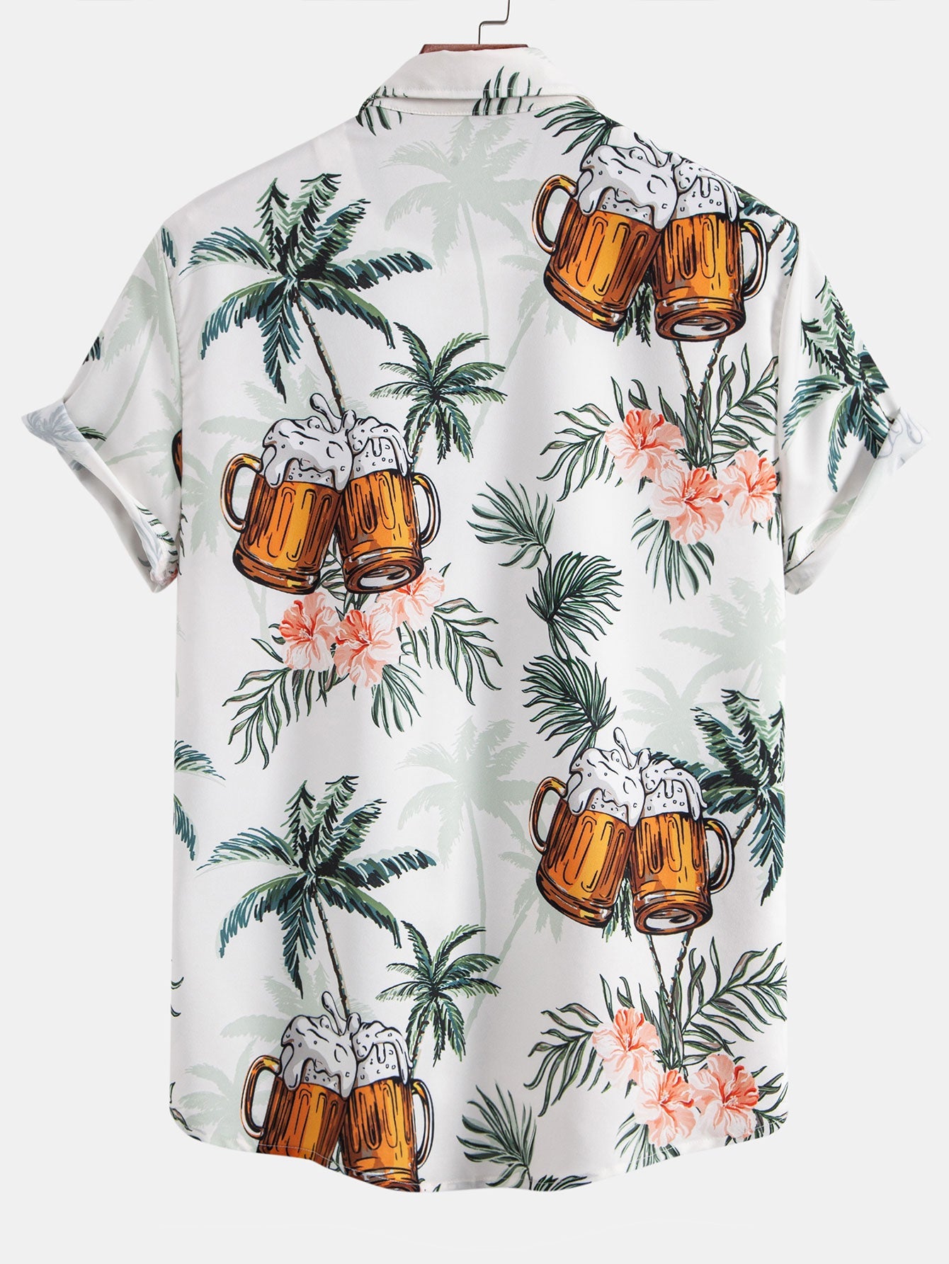 Palm Tree & Beer Print Shirt with Solid Drawstring Swim Shorts