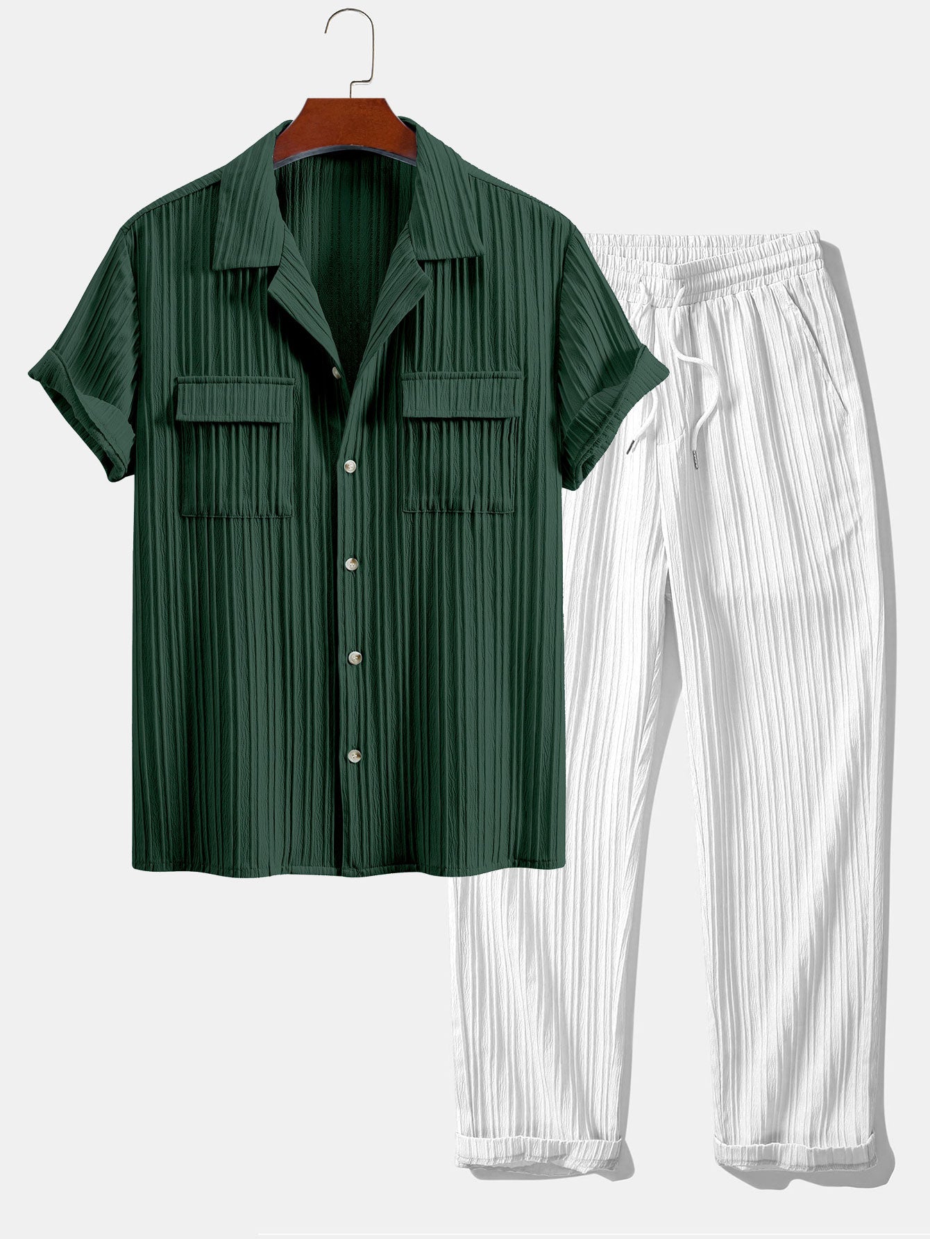 Shirt with textured Cuban collar and chest pocket + matching drawstring pants for a stylish look