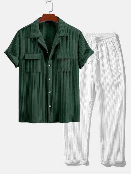 Shirt with textured Cuban collar and chest pocket + matching drawstring pants for a stylish look