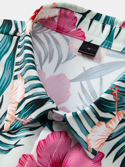 Button-up shirt with tropical flower print & swim trunks with zippered pocket