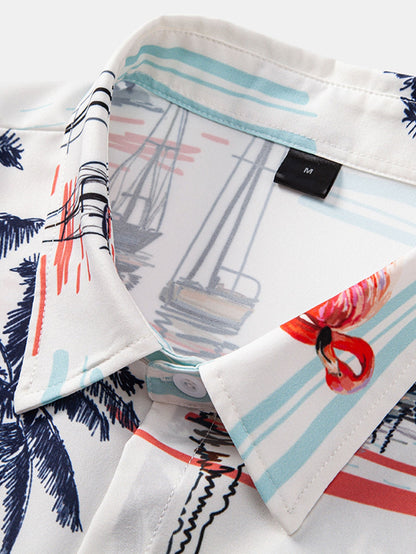 Men's Palm Tree Shirt with Flamingo Print and Drawstring Swim Shorts