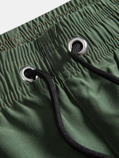 Palm Tree & Beer Print Shirt with Solid Drawstring Swim Shorts