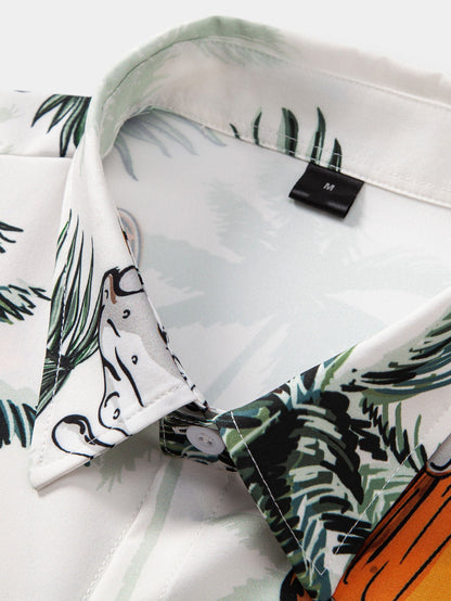 Palm Tree & Beer Print Shirt with Solid Drawstring Swim Shorts
