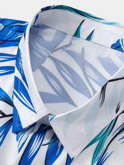 Tropical Leaf Print Shirt & Mid-Length Men’s Swim Shorts with Adjustable Drawstring