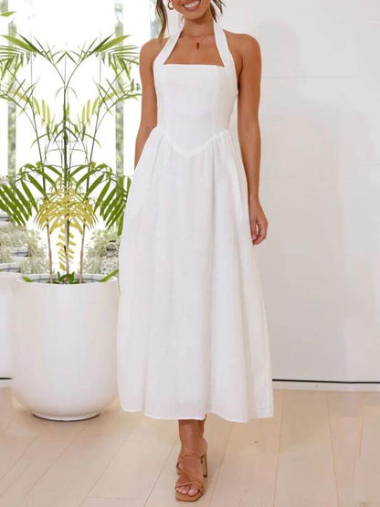 Elegant Mid-Length Little Black Halter Neck Dress for a Chic Look