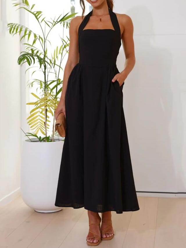 Elegant Mid-Length Little Black Halter Neck Dress for a Chic Look