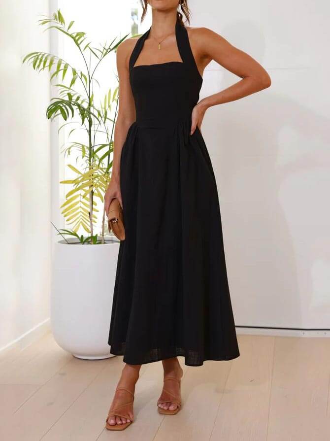 Elegant Mid-Length Little Black Halter Neck Dress for a Chic Look