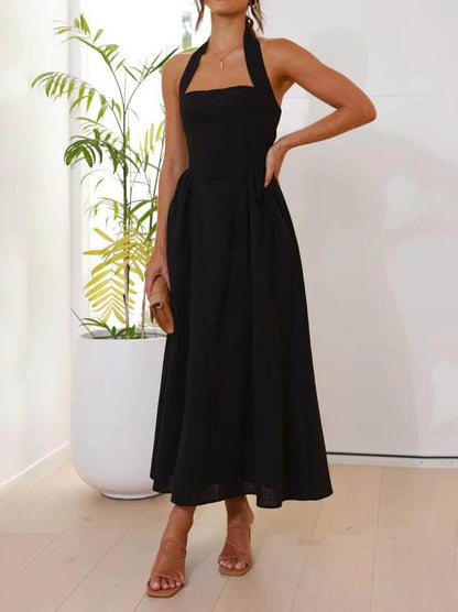 Elegant Mid-Length Little Black Halter Neck Dress for a Chic Look