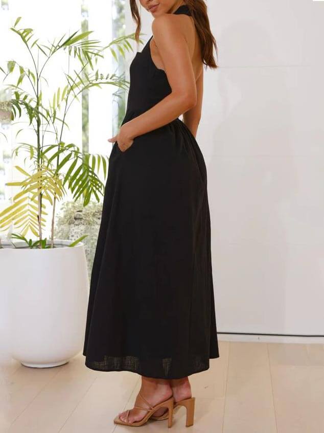 Elegant Mid-Length Little Black Halter Neck Dress for a Chic Look