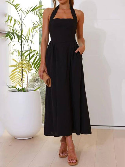 Elegant Mid-Length Little Black Halter Neck Dress for a Chic Look