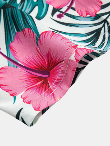 Button-up shirt with tropical flower print & swim trunks with zippered pocket