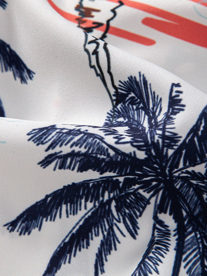 Men's Palm Tree Shirt with Flamingo Print and Drawstring Swim Shorts