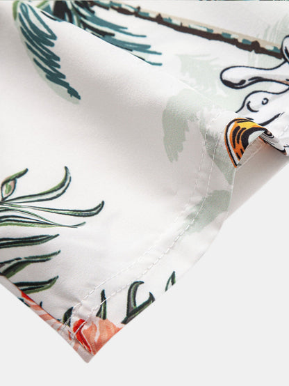 Palm Tree & Beer Print Shirt with Solid Drawstring Swim Shorts