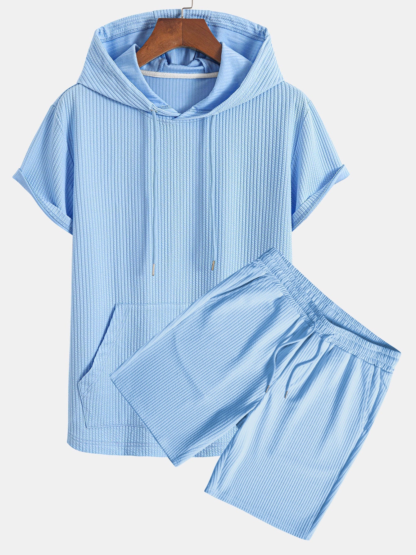 Ribbed LoungeFit™ Hooded Set – Kangaroo Pocket Tee & Drawstring Shorts