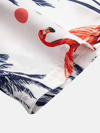 Men's Palm Tree Shirt with Flamingo Print and Drawstring Swim Shorts