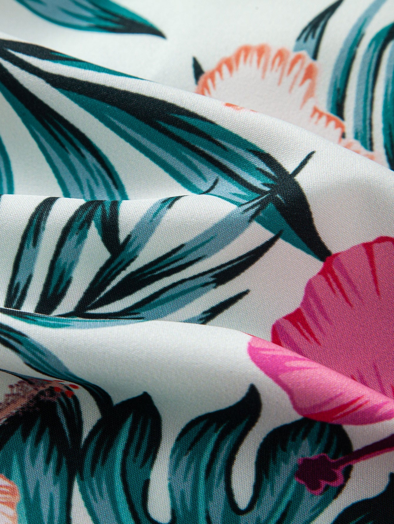 Button-up shirt with tropical flower print & swim trunks with zippered pocket