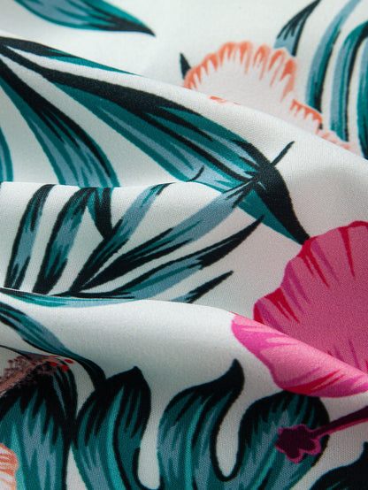 Button-up shirt with tropical flower print & swim trunks with zippered pocket