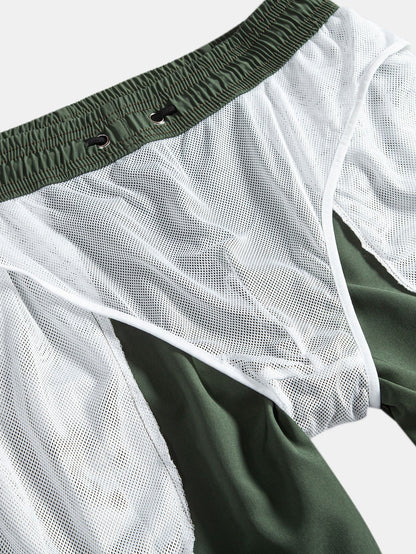 Palm Tree & Beer Print Shirt with Solid Drawstring Swim Shorts