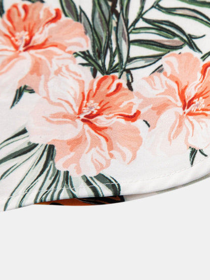 Palm Tree & Beer Print Shirt with Solid Drawstring Swim Shorts