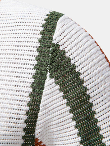 Casual Elegance Set – Striped Knit Collar Polo & Straight Linen Pants