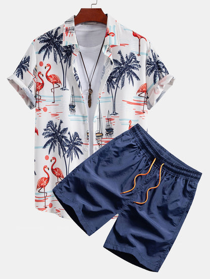 Men's Palm Tree Shirt with Flamingo Print and Drawstring Swim Shorts