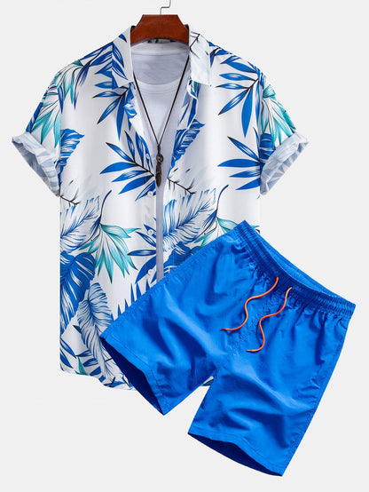 Tropical Leaf Print Shirt & Mid-Length Men’s Swim Shorts with Adjustable Drawstring