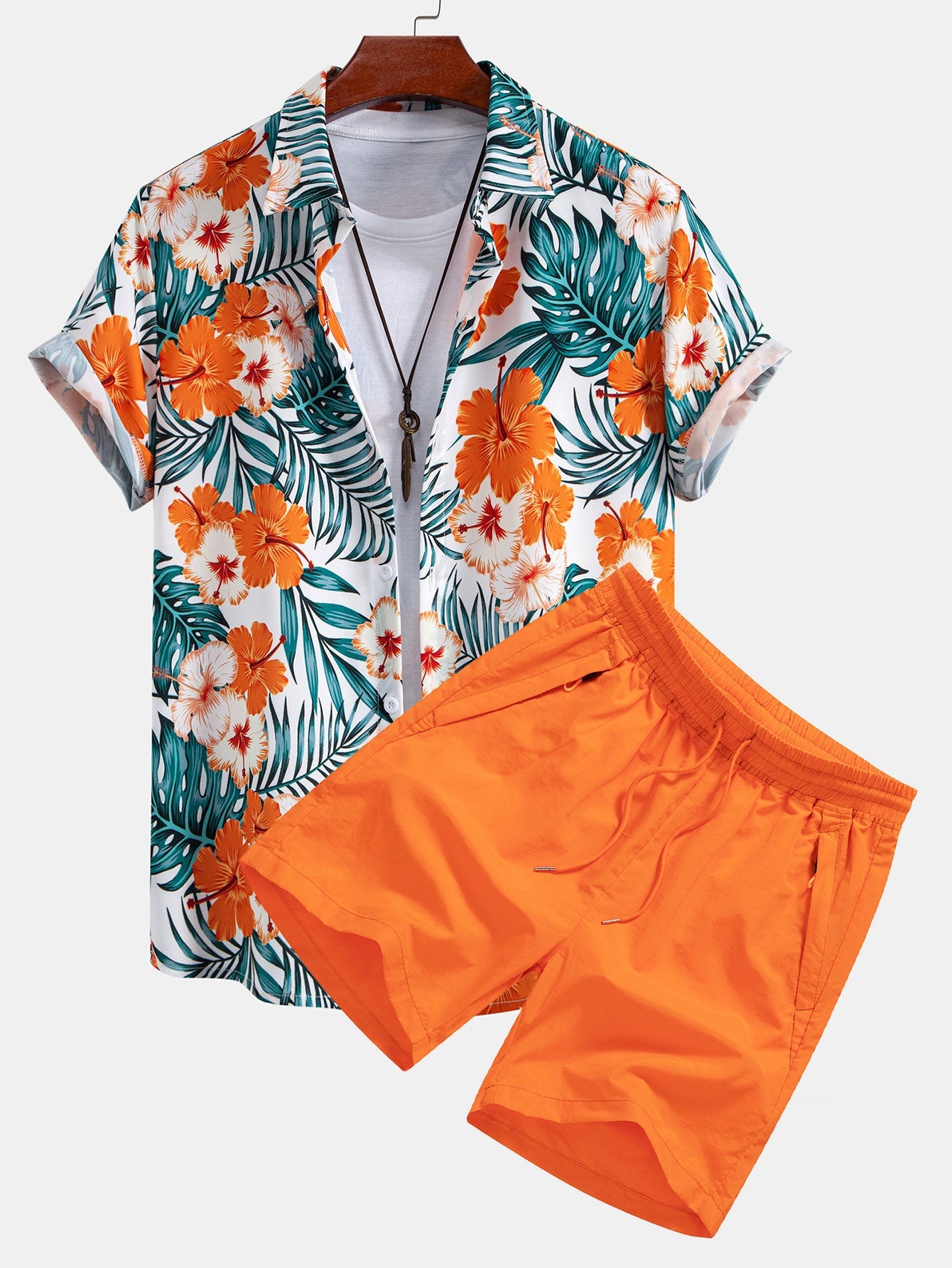Outfits Tropical Flowers Print Button Up Shirt & Drawstring Swim Shorts