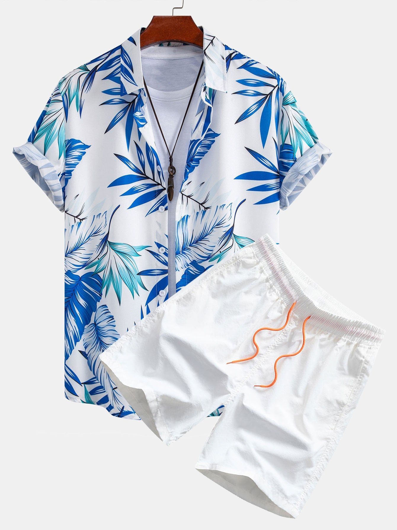 Tropical Leaf Print Shirt & Mid-Length Men’s Swim Shorts with Adjustable Drawstring