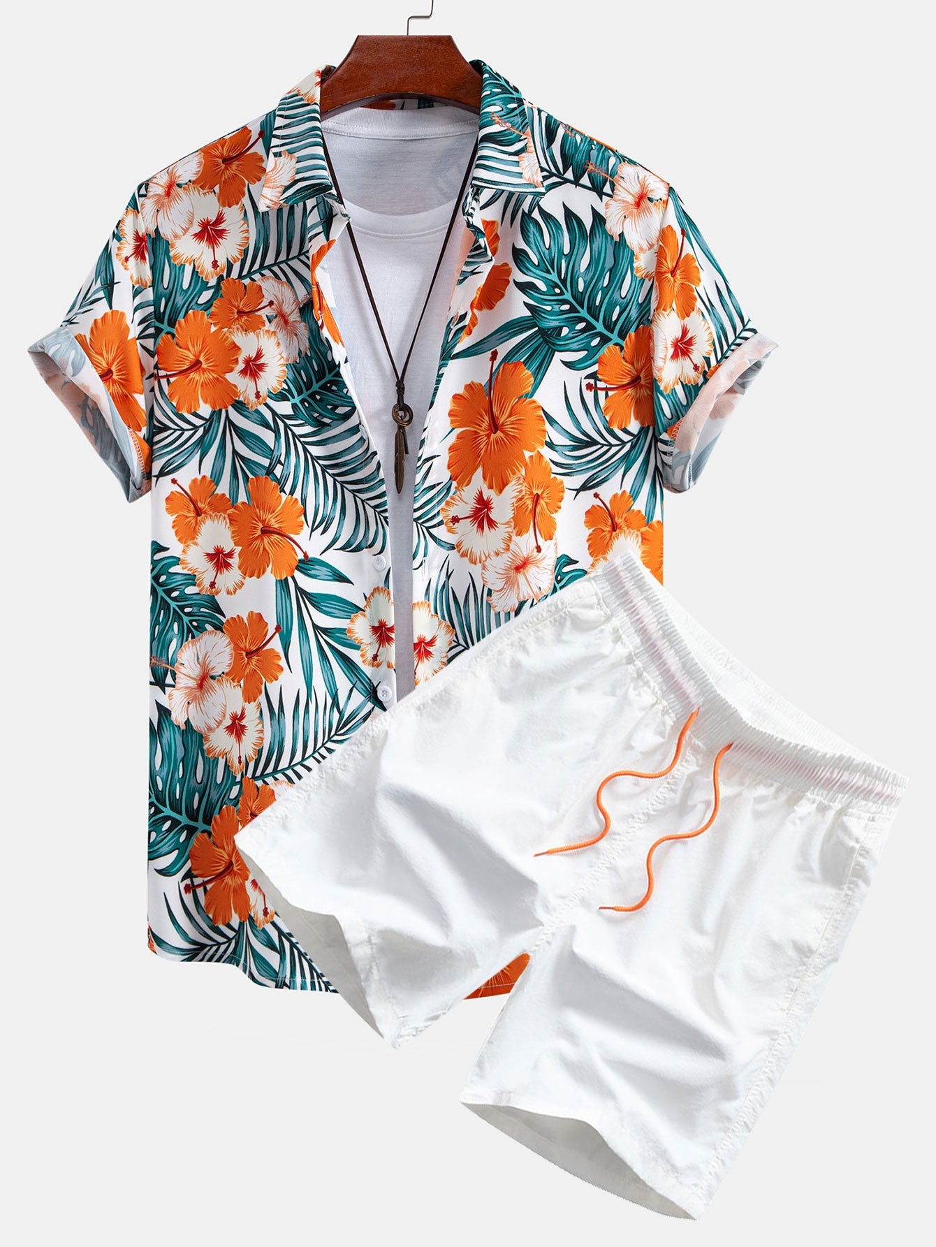 Outfits Tropical Flowers Print Button Up Shirt & Drawstring Swim Shorts