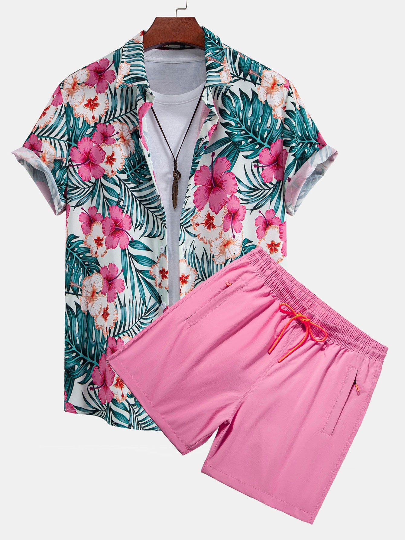Button-up shirt with tropical flower print & swim trunks with zippered pocket