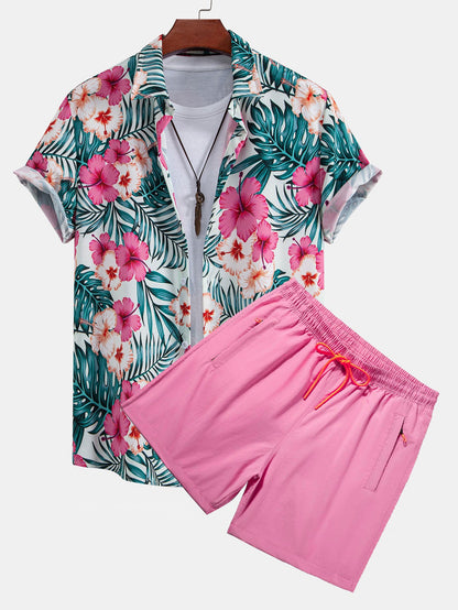 Button-up shirt with tropical flower print & swim trunks with zippered pocket