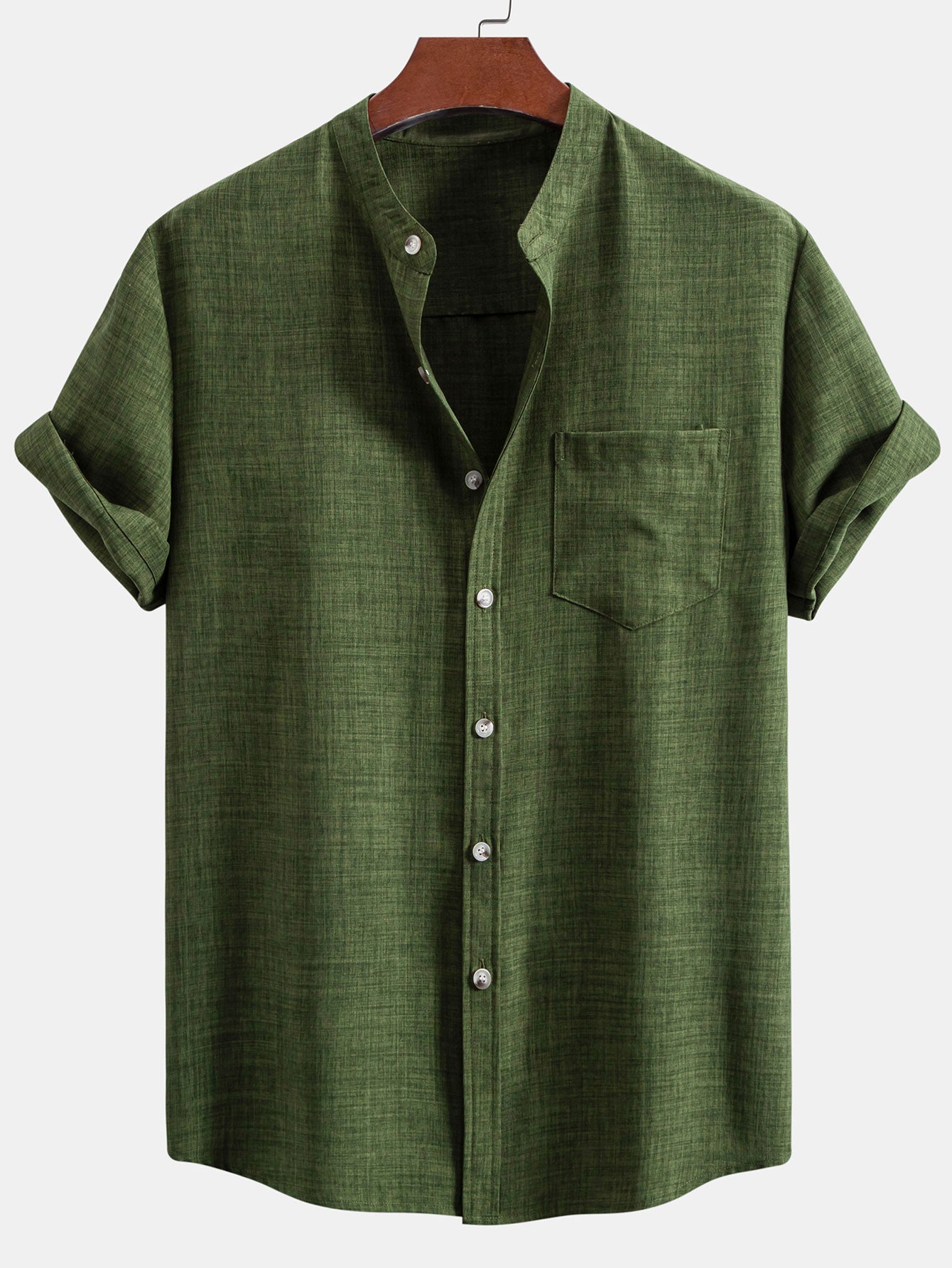 Short Sleeve Stand Collar Shirt & Straight Leg Linen Pants