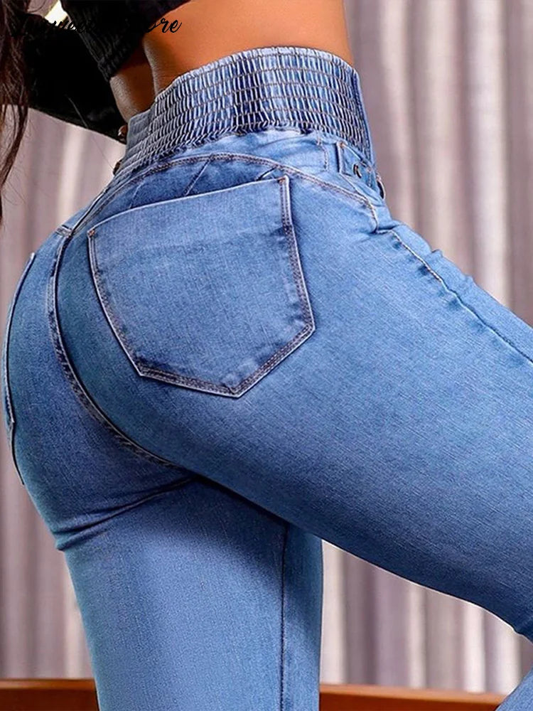 High-Waisted Skinny Flare Jeans with Elastic Waistband | Tummy Control & Stretch Comfort